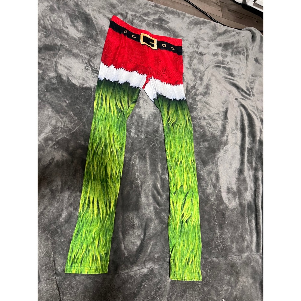 Christmas Holiday Grinch Inspired Santa Belt Green Fur Print Leggings Medium